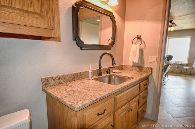 bathroom with vanity, ceiling fan, tile floors, and toilet