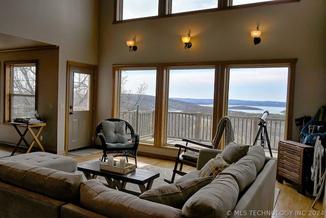 living room with plenty of natural light, a mountain view, light hardwood / wood-style floors, and a high ceiling