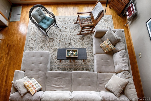 living room with wood walls