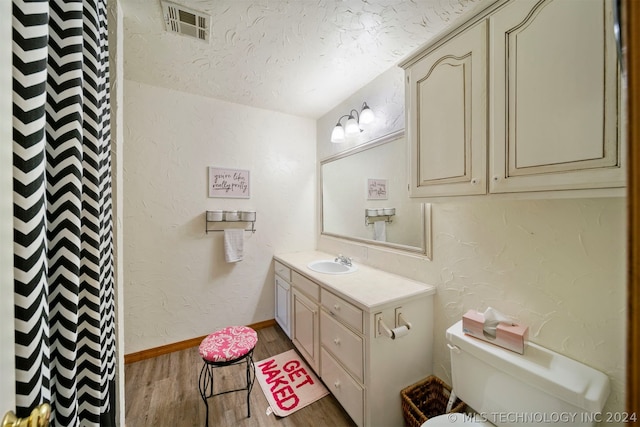 bathroom with hardwood / wood-style floors, vanity, and toilet