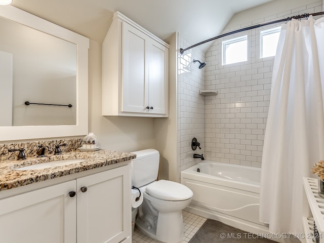 full bathroom featuring toilet, tile patterned flooring, shower / tub combo with curtain, vanity, and radiator heating unit