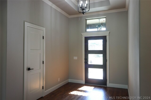 entryway with a tray ceiling, dark hardwood / wood-style floors, and a chandelier