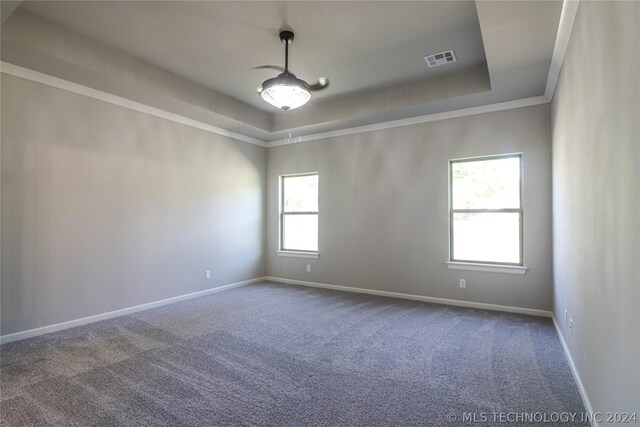 carpeted empty room with ornamental molding and a tray ceiling