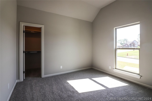 unfurnished bedroom with lofted ceiling, a spacious closet, a closet, and dark colored carpet