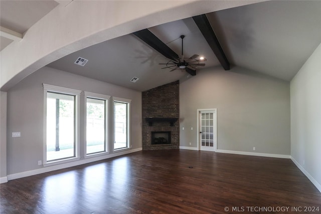 unfurnished living room with high vaulted ceiling, dark hardwood / wood-style flooring, beamed ceiling, ceiling fan, and a fireplace