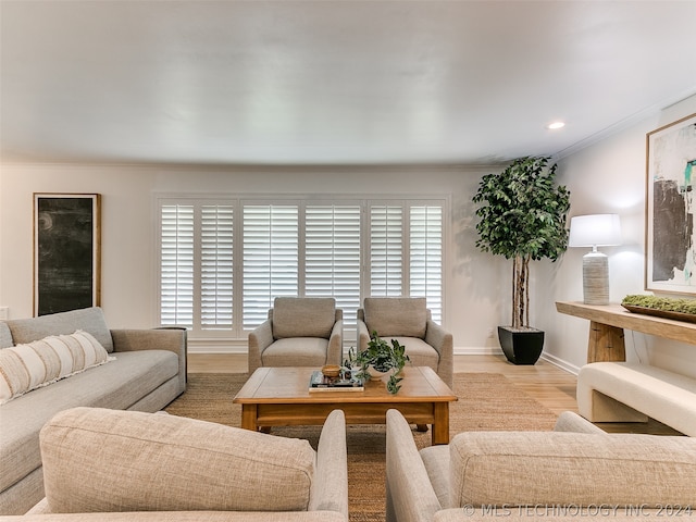 living room with ornamental molding and light wood-type flooring