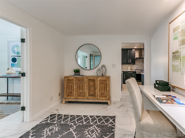 tiled home office featuring crown molding