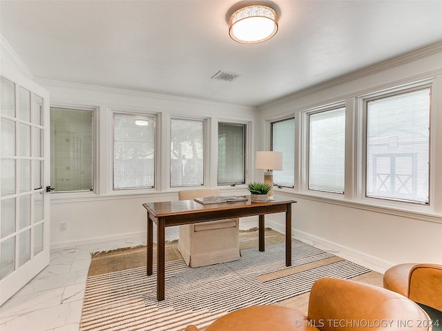 office featuring ornamental molding and light tile floors