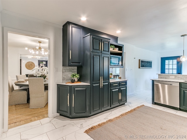 kitchen with backsplash, decorative light fixtures, light wood-type flooring, and stainless steel dishwasher