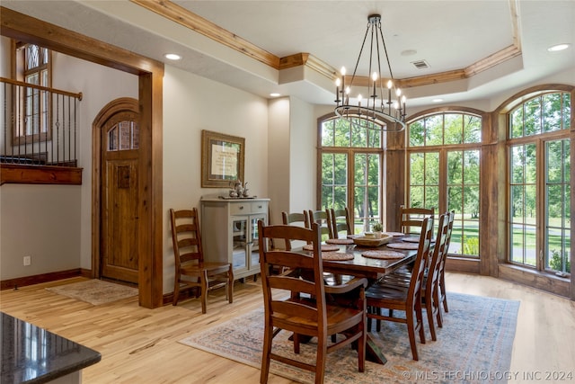 dining room with an inviting chandelier, plenty of natural light, a raised ceiling, and light wood-type flooring