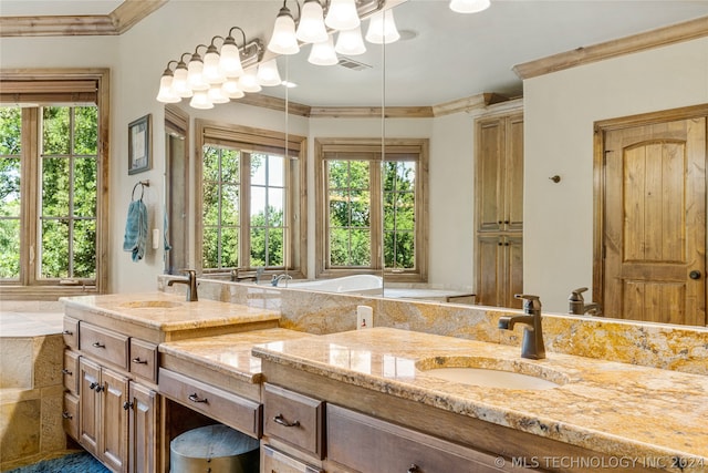 bathroom with crown molding, a bathing tub, and double sink vanity