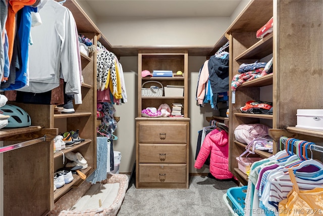 spacious closet featuring light colored carpet