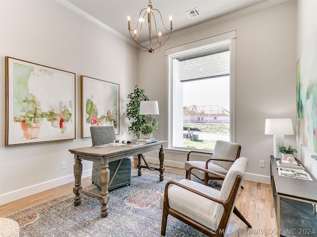 office with crown molding, a chandelier, and wood-type flooring