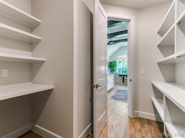 spacious closet featuring hardwood / wood-style flooring and a chandelier