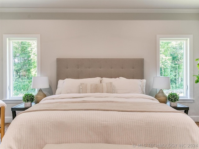 bedroom with crown molding, multiple windows, and hardwood / wood-style flooring