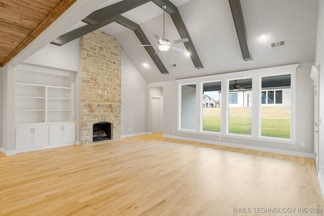 unfurnished living room with beamed ceiling, light wood-type flooring, high vaulted ceiling, and a fireplace