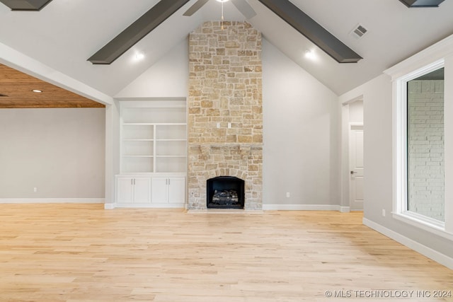 unfurnished living room featuring light hardwood / wood-style floors, built in features, and high vaulted ceiling