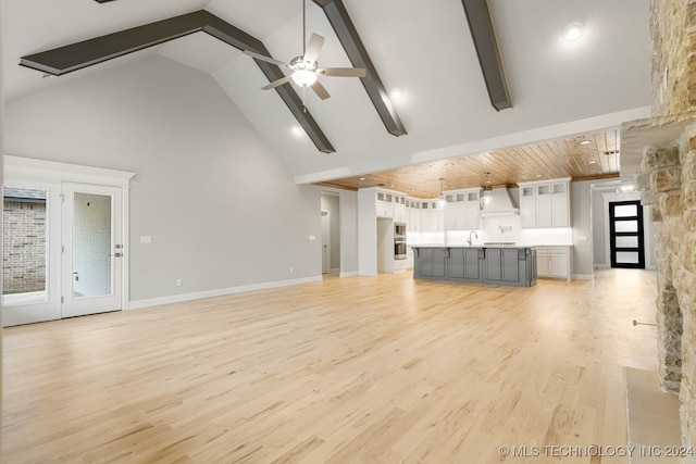 unfurnished living room featuring beam ceiling, light hardwood / wood-style flooring, high vaulted ceiling, and ceiling fan