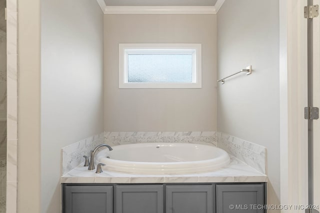 bathroom featuring a tub and crown molding