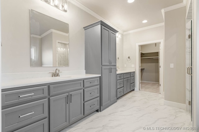 bathroom with vanity, walk in shower, and crown molding