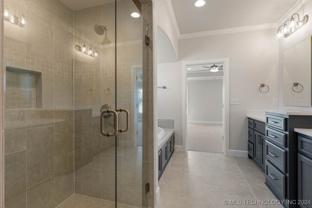 bathroom featuring vanity, crown molding, tile patterned floors, ceiling fan, and independent shower and bath