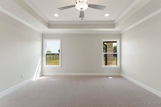 empty room featuring ceiling fan, ornamental molding, carpet floors, and a tray ceiling