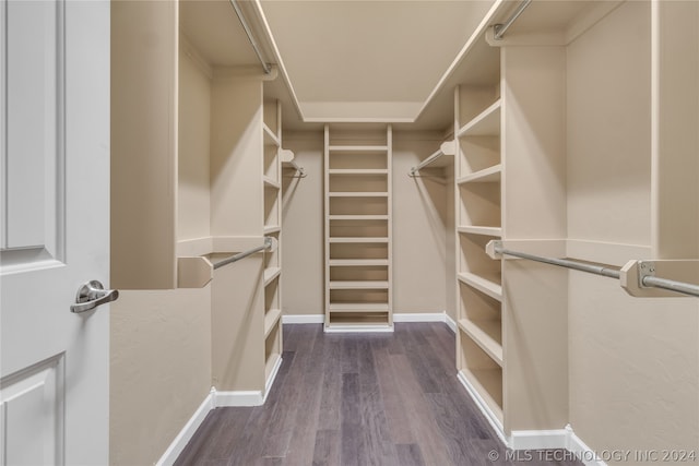 walk in closet with dark hardwood / wood-style flooring