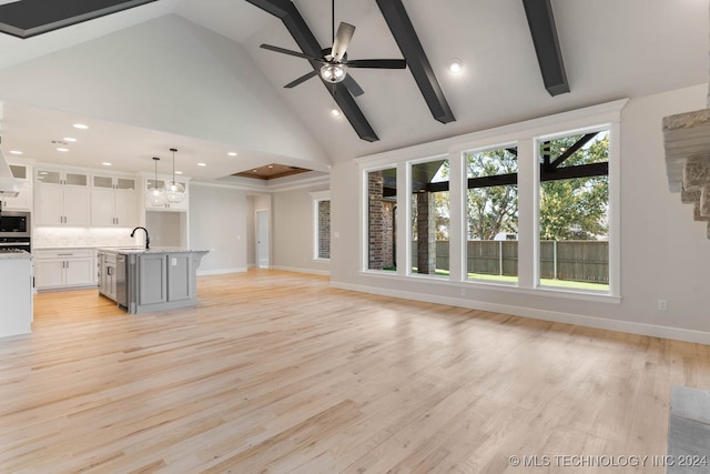 unfurnished living room featuring beamed ceiling, high vaulted ceiling, light wood-type flooring, and ceiling fan