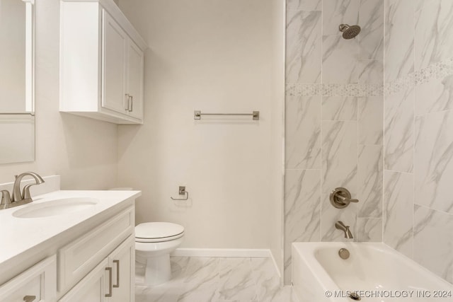 full bathroom with vanity, tiled shower / bath combo, and toilet