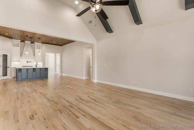 unfurnished living room featuring high vaulted ceiling, light hardwood / wood-style floors, ceiling fan, and sink