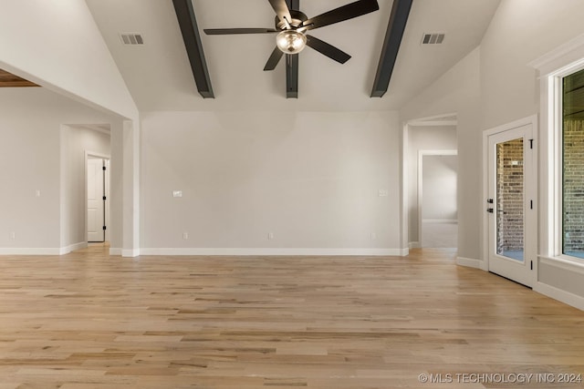 unfurnished room with high vaulted ceiling, light hardwood / wood-style floors, ceiling fan, and beamed ceiling