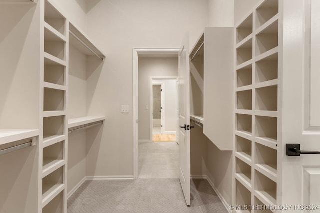 walk in closet with light colored carpet