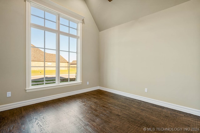 spare room with lofted ceiling and dark hardwood / wood-style floors