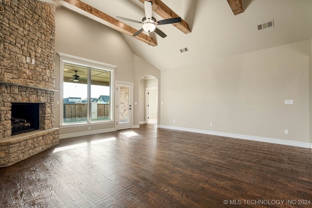 unfurnished living room with beamed ceiling, a fireplace, high vaulted ceiling, dark hardwood / wood-style flooring, and ceiling fan