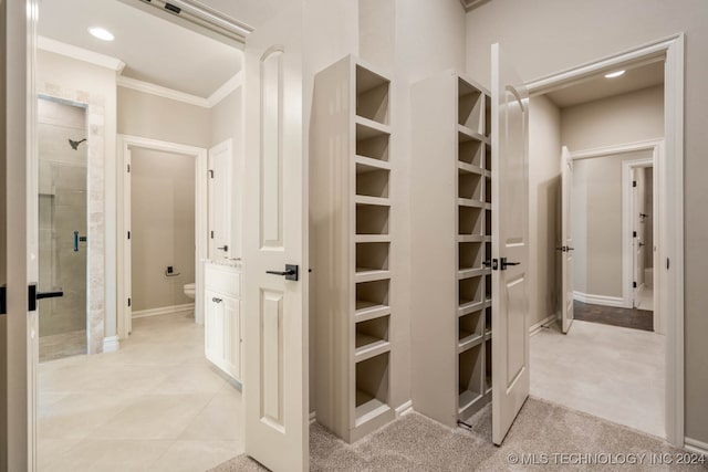 walk in closet featuring light colored carpet