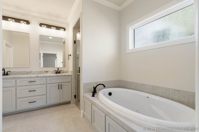 bathroom with vanity, crown molding, plus walk in shower, and tile patterned flooring