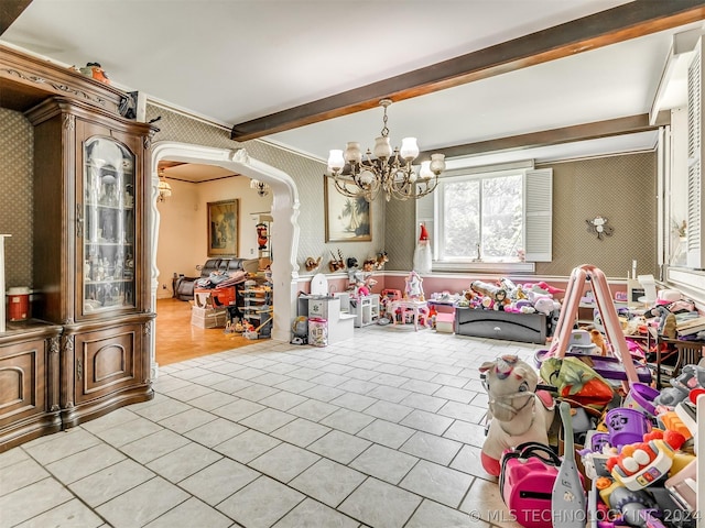 dining space with beamed ceiling, a notable chandelier, crown molding, and light tile floors