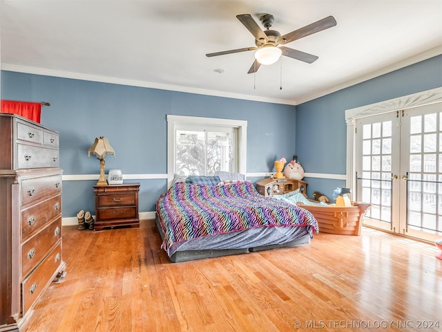 bedroom with wood-type flooring, french doors, crown molding, and ceiling fan