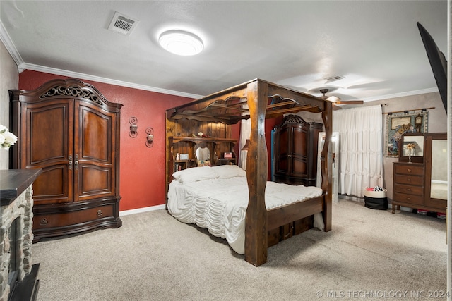 bedroom featuring carpet, ceiling fan, and ornamental molding