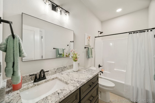 full bathroom with toilet, vanity, and shower / tub combo with curtain