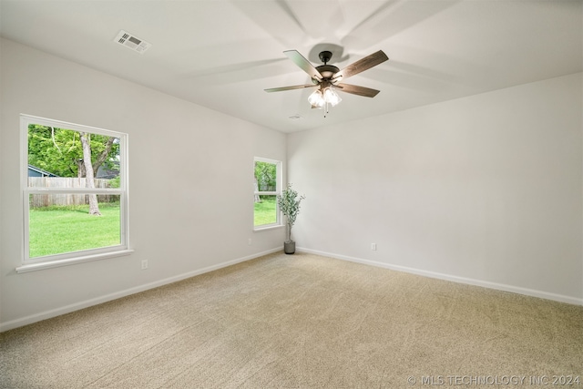 empty room featuring a wealth of natural light, carpet floors, and ceiling fan