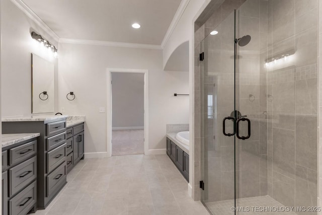 bathroom with crown molding, a shower stall, vanity, and a bath