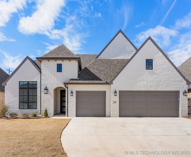 french country inspired facade featuring a garage, driveway, brick siding, and roof with shingles