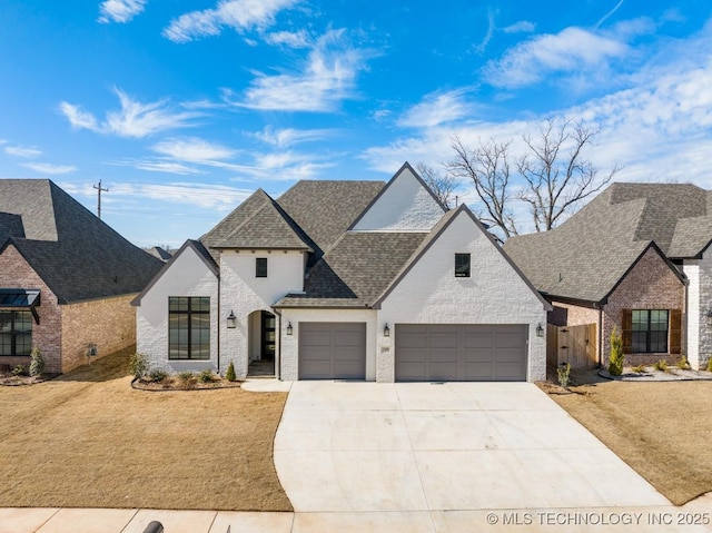 french country home with a shingled roof, brick siding, and driveway