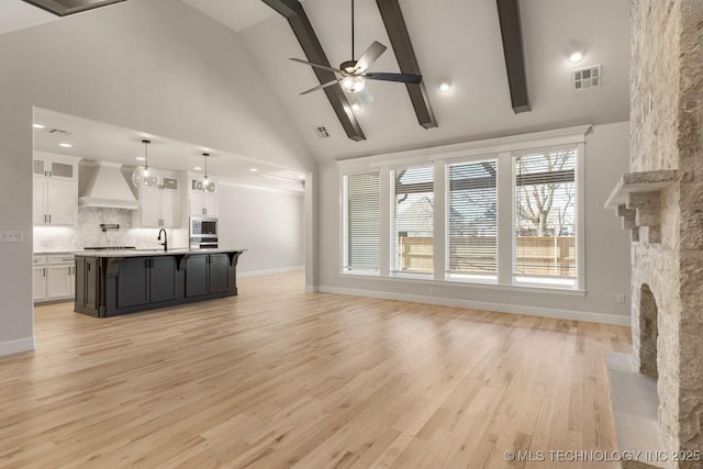 unfurnished living room featuring high vaulted ceiling, light wood-type flooring, a sink, and visible vents