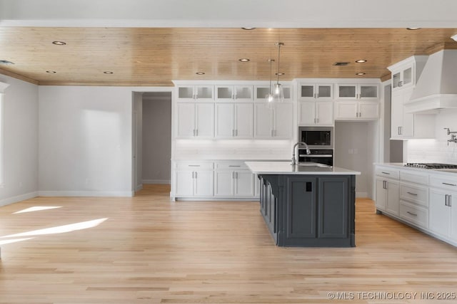 kitchen featuring stainless steel appliances, custom exhaust hood, white cabinetry, and decorative backsplash