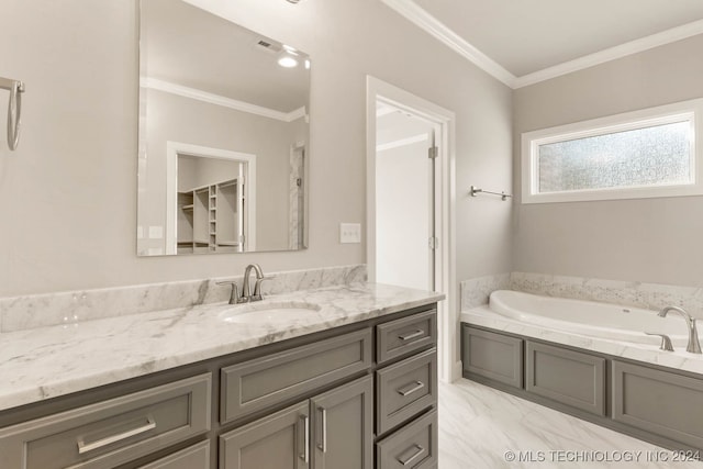 bathroom featuring a tub to relax in, vanity, and crown molding