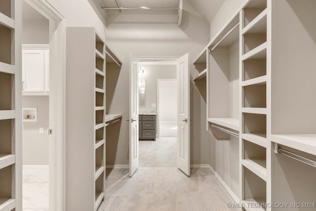 walk in closet featuring light carpet