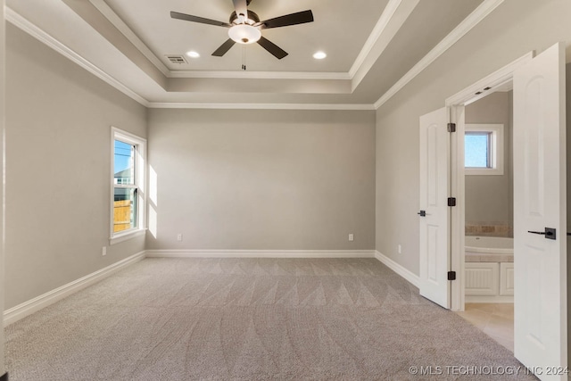 carpeted empty room with ornamental molding, a tray ceiling, and a healthy amount of sunlight