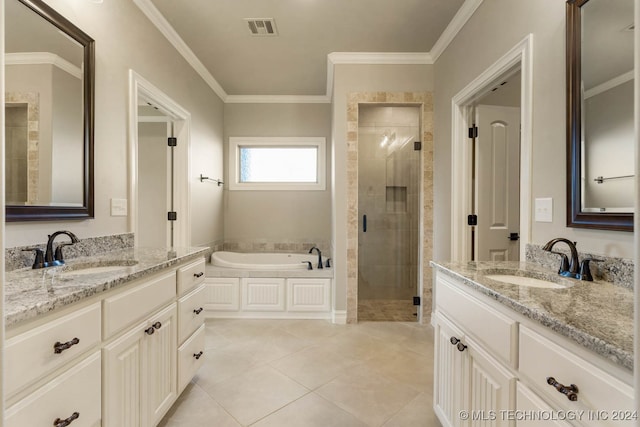 bathroom with tile patterned floors, vanity, shower with separate bathtub, and ornamental molding